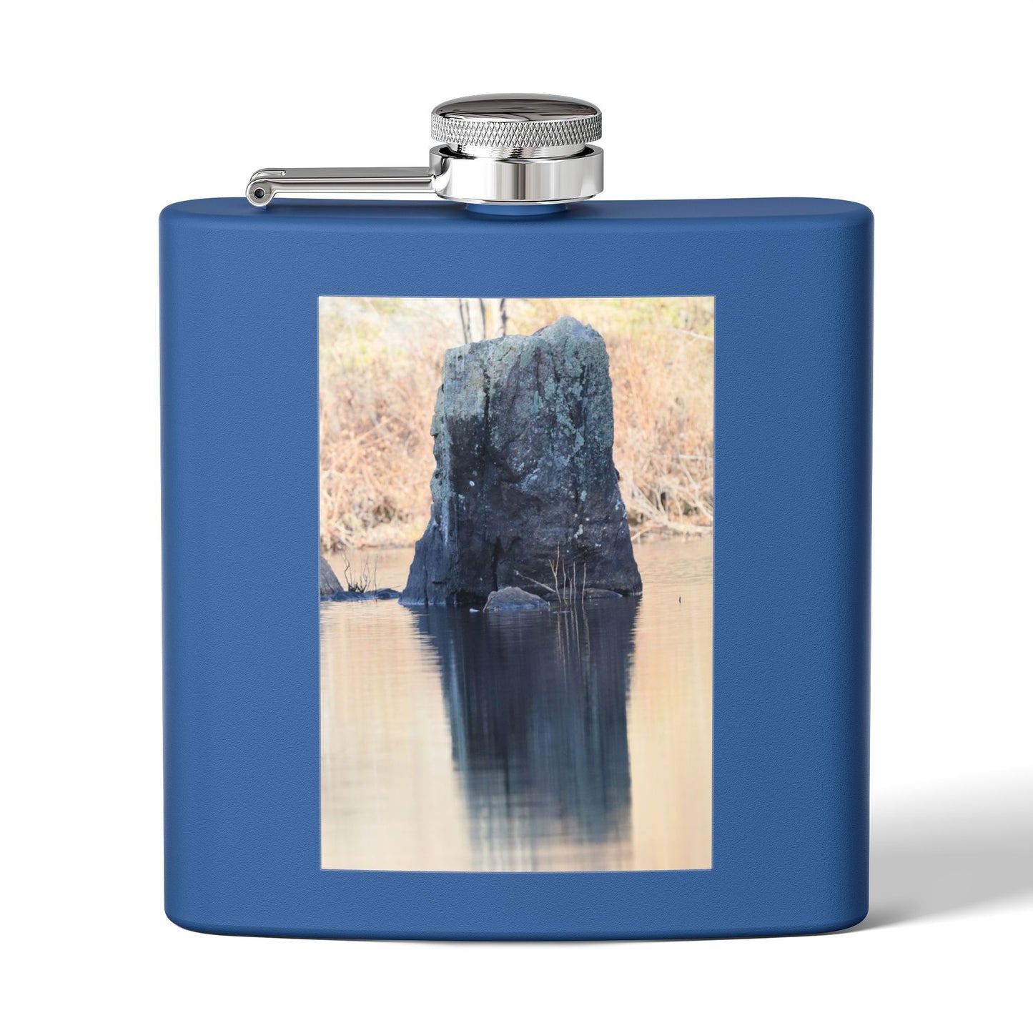6oz Stainless Steel Flask with Tranquil Lake Rock Photo – Portable Outdoor Hip Flask