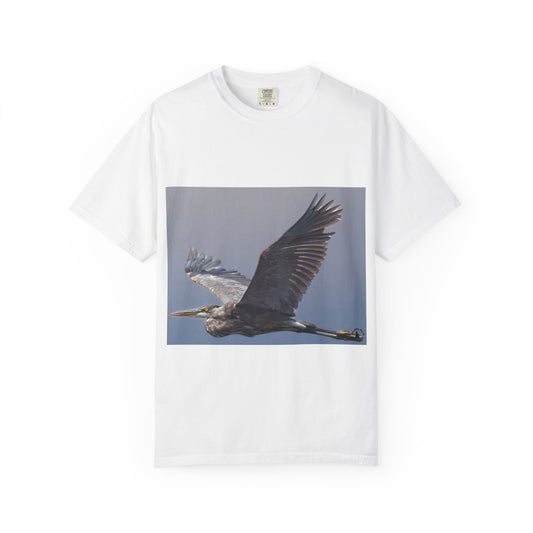 Aerial Grace of the Blue Heron: Wildlife Photography in Flight, Majestic Avian Capturephotography shirts