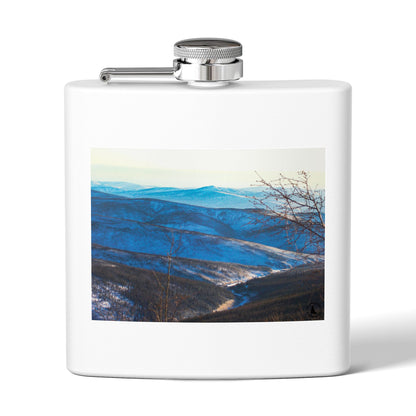 Mountain Vista 6oz Stainless Steel Flask — Scenic Blue Ridge Landscape