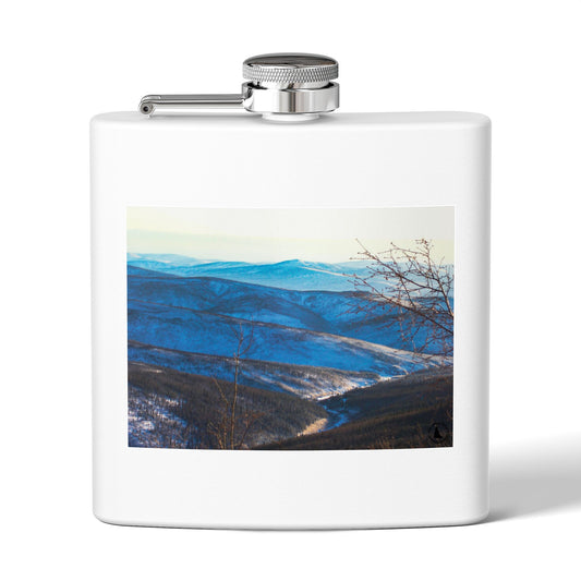 Mountain Vista 6oz Stainless Steel Flask — Scenic Blue Ridge Landscape