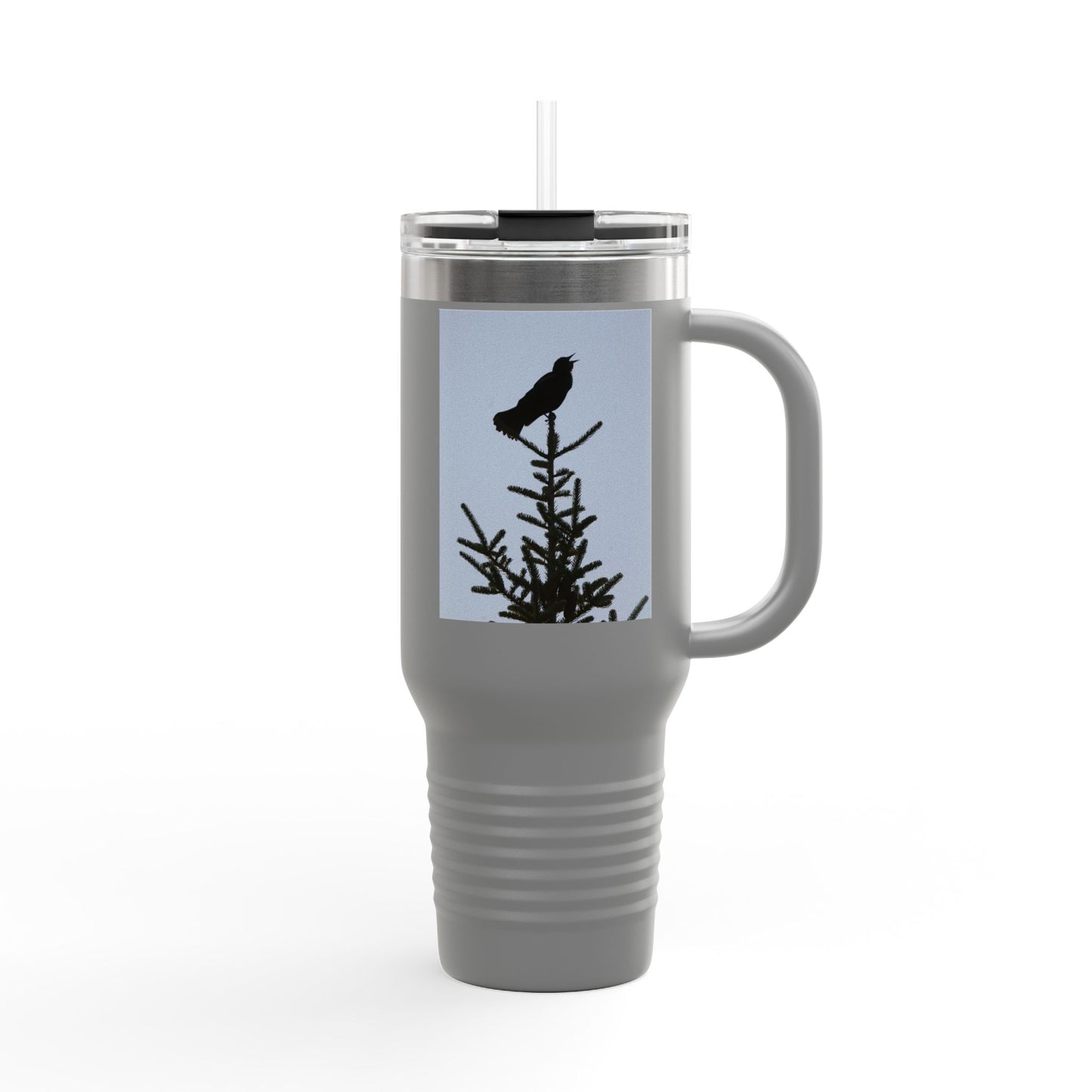 40oz Insulated Travel Mug — Raven Silhouette on Pine (Outdoor Nature Tumbler)