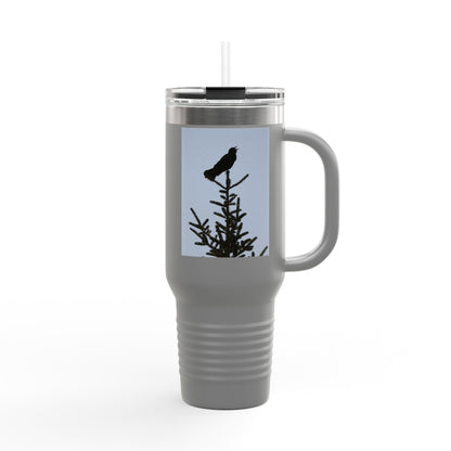 40oz Insulated Travel Mug — Raven Silhouette on Pine (Outdoor Nature Tumbler)