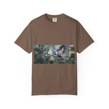 Emerald Wings: Hummingbird in Conifer Haven, Wildlife Macro Photographyphotography shirts