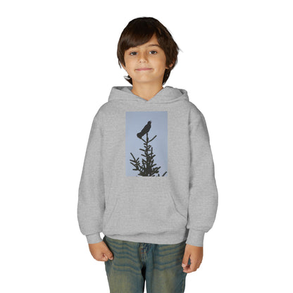 Youth Hoodie with Raven Silhouette on Pine — Cozy Nature Kids Sweatshirt