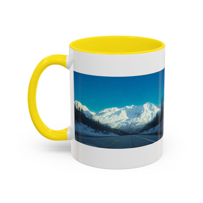 Scenic Mountain Panorama Accent Coffee Mug — Snowy Peaks Travel Coffee Cup (11/15 oz)