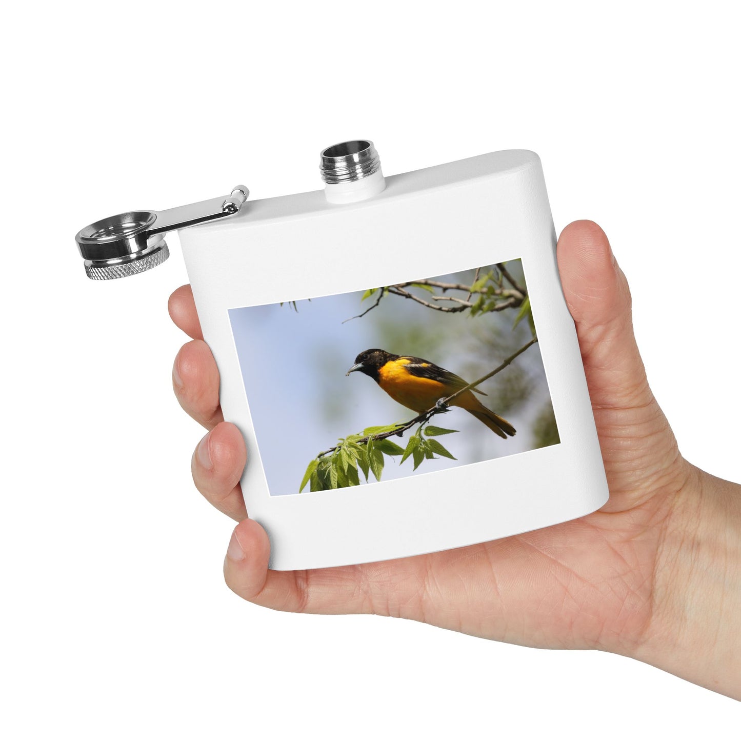 6oz Bird Photo Stainless Steel Flask — Baltimore Oriole Nature Gift