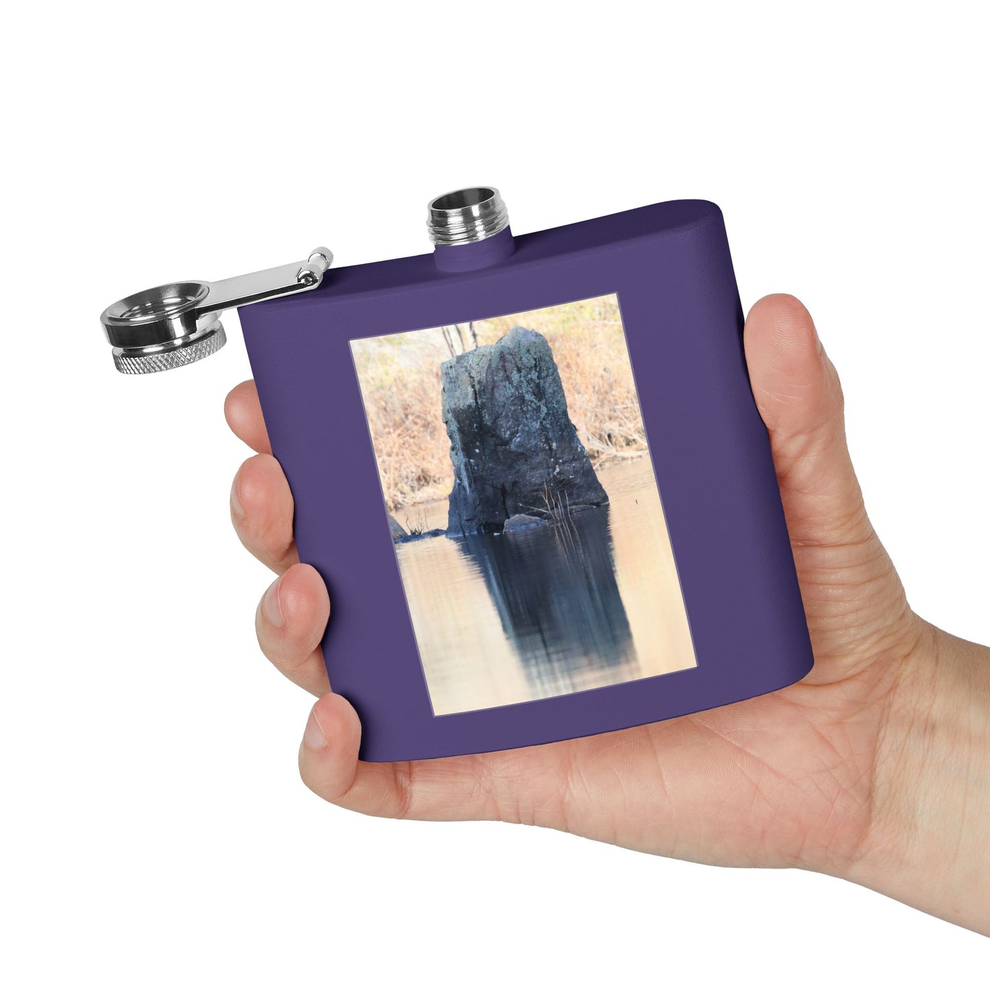 6oz Stainless Steel Flask with Tranquil Lake Rock Photo – Portable Outdoor Hip Flask
