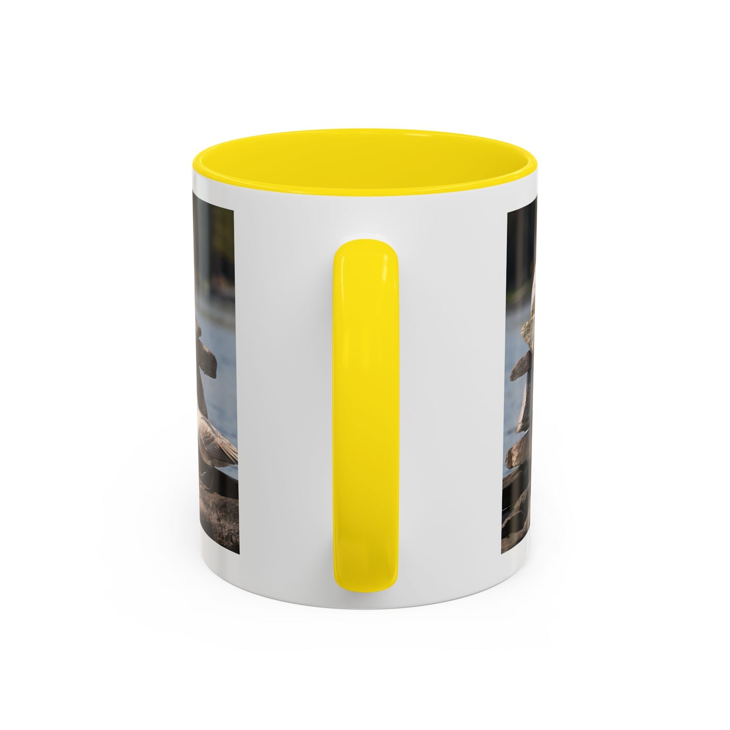 Seaside Rock Cairn Accent Coffee Mug — Coastal Bird & Stacked Stones Photo (11/15oz)