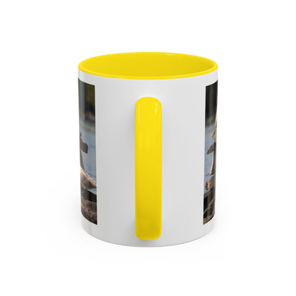 Seaside Rock Cairn Accent Coffee Mug — Coastal Bird & Stacked Stones Photo (11/15oz)