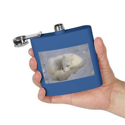 White Arctic Fox Flask — 6oz Stainless Steel Hip Flask with Sleeping Fox Photo