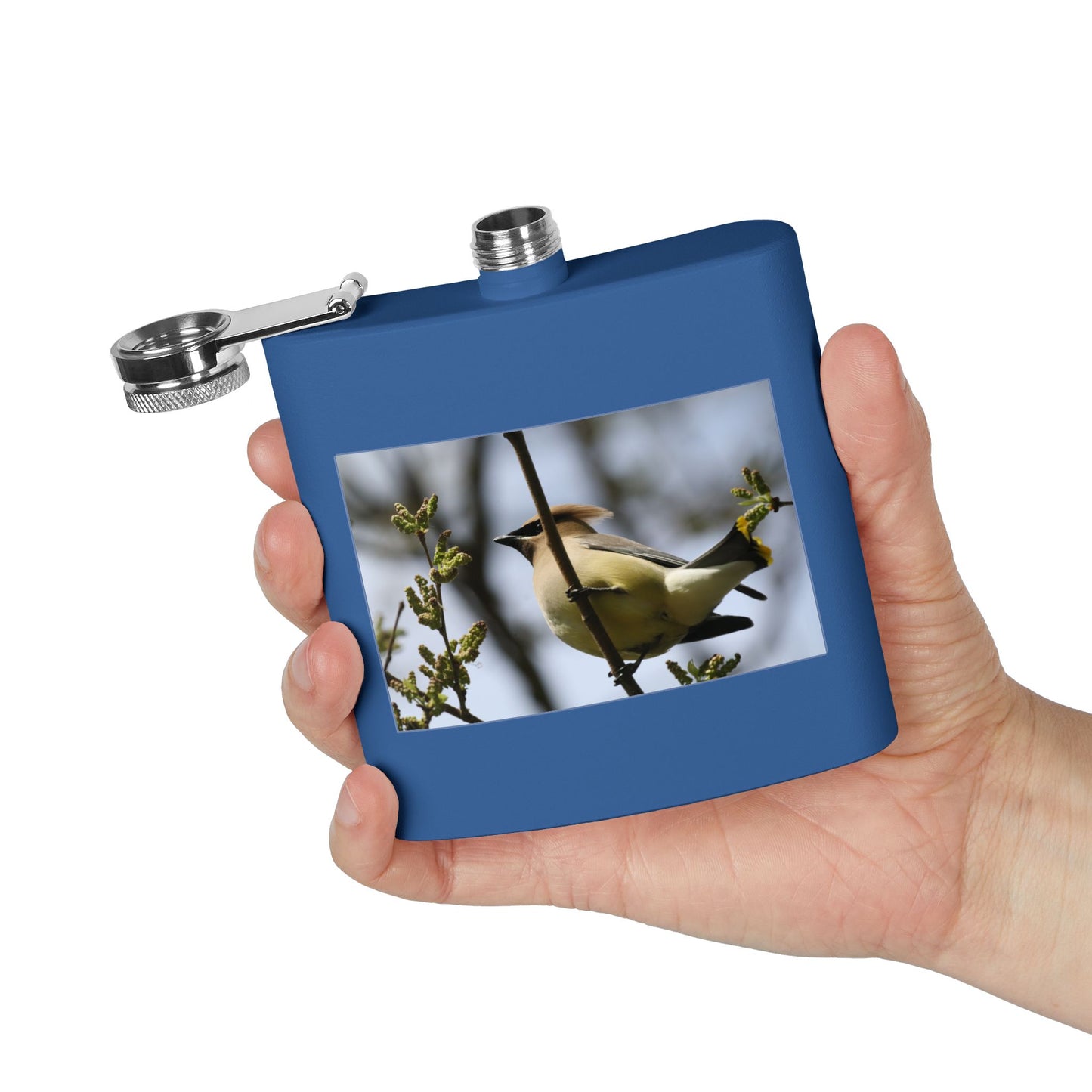 6oz Stainless Steel Flask with Cedar Waxwing Bird Photo — Wildlife Gift for Bird Lovers