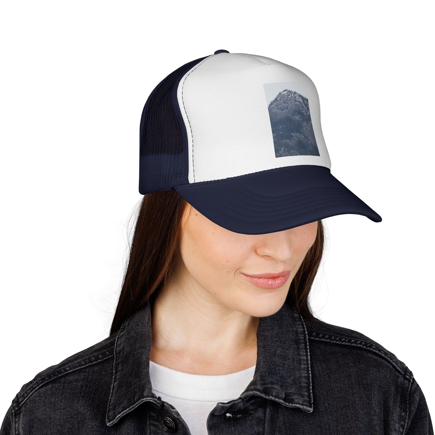 Mountain Peak Trucker Cap — Vintage Blue Photo Patch Mesh Hat