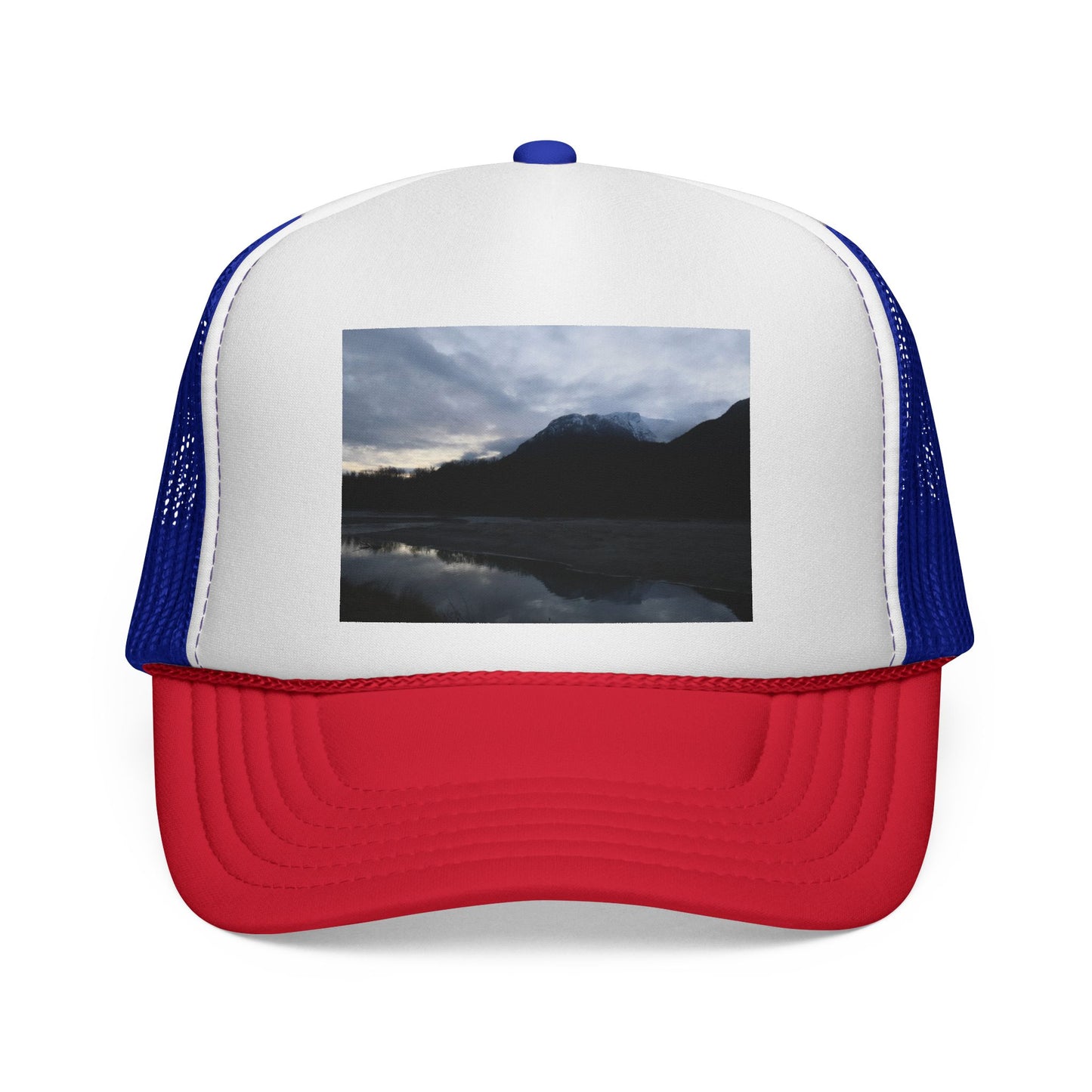 Mountain Lake Trucker Cap — Scenic Nature Photo Mesh Hat