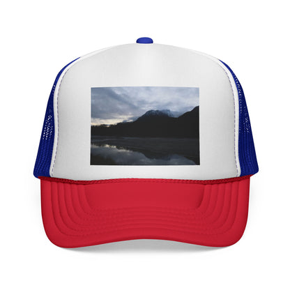 Mountain Lake Trucker Cap — Scenic Nature Photo Mesh Hat