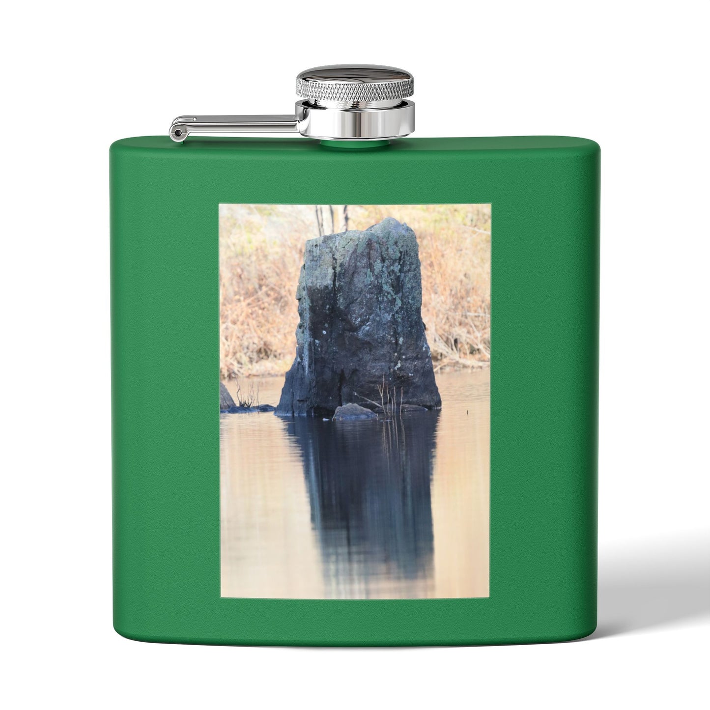6oz Stainless Steel Flask with Tranquil Lake Rock Photo – Portable Outdoor Hip Flask