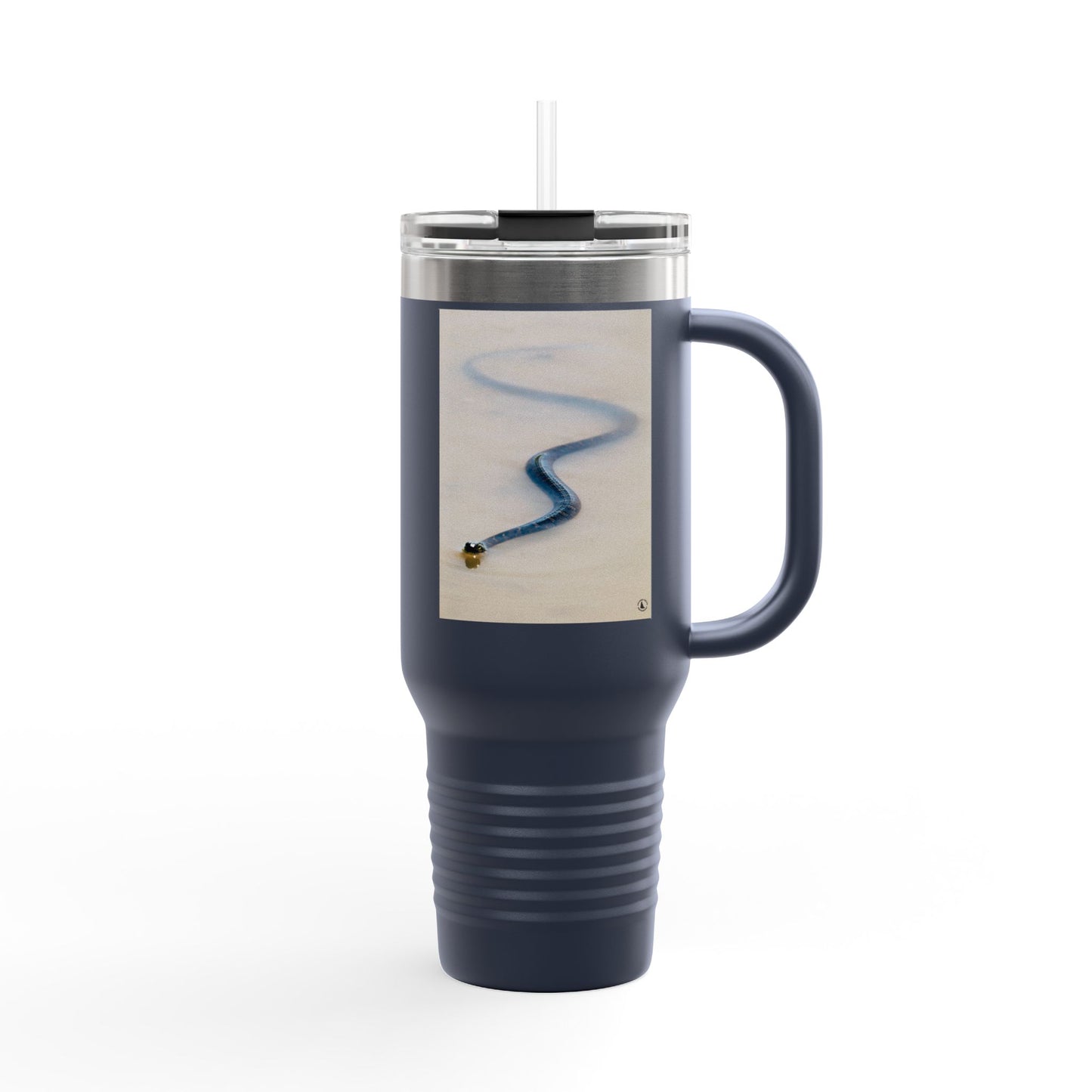 40oz Insulated Travel Mug – Minimal Beach Sand & Blue Wave Design