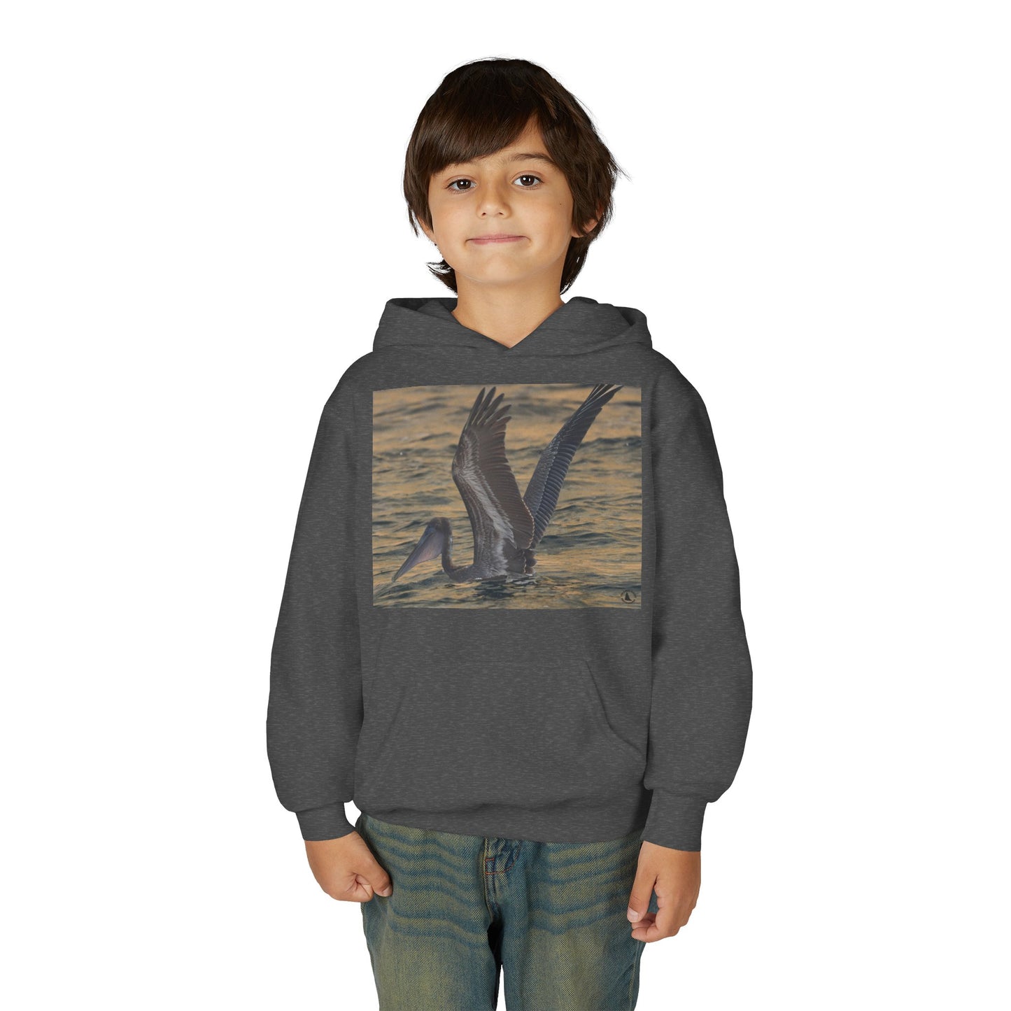 Youth Pelican Sunset Hoodie — Kids Beach Wildlife Pullover