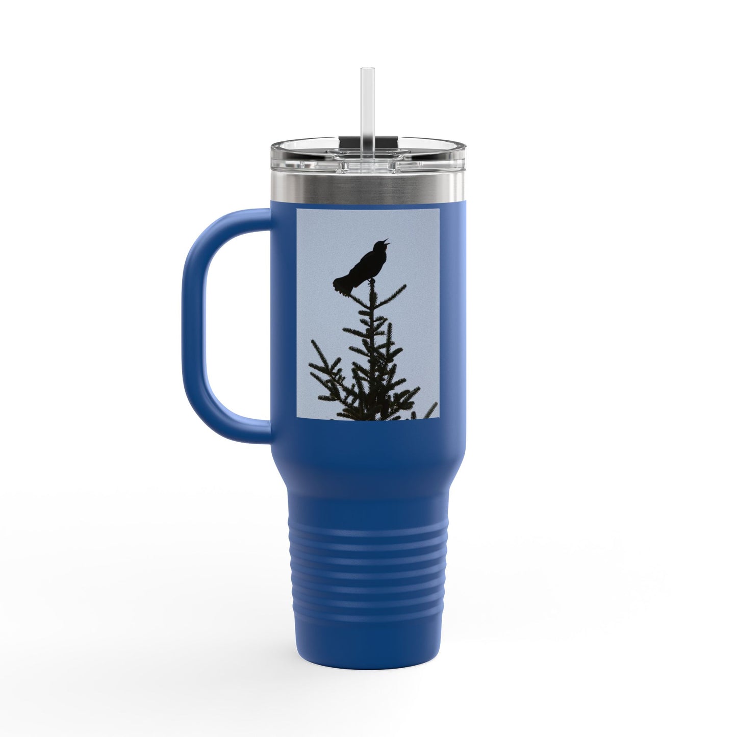 40oz Insulated Travel Mug — Raven Silhouette on Pine (Outdoor Nature Tumbler)