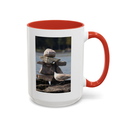 Seaside Rock Cairn Accent Coffee Mug — Coastal Bird & Stacked Stones Photo (11/15oz)