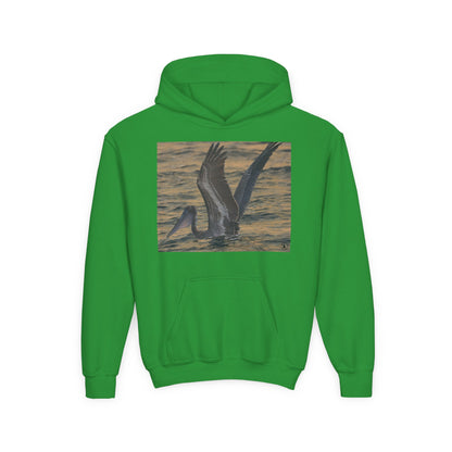 Youth Pelican Sunset Hoodie — Kids Beach Wildlife Pullover