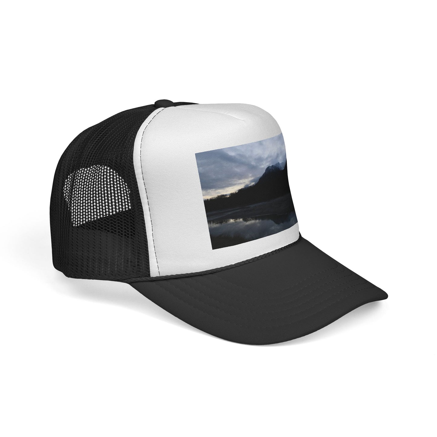 Mountain Lake Trucker Cap — Scenic Nature Photo Mesh Hat