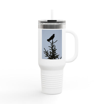 40oz Insulated Travel Mug — Raven Silhouette on Pine (Outdoor Nature Tumbler)