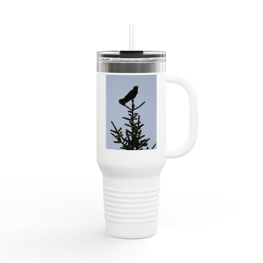 40oz Insulated Travel Mug — Raven Silhouette on Pine (Outdoor Nature Tumbler)