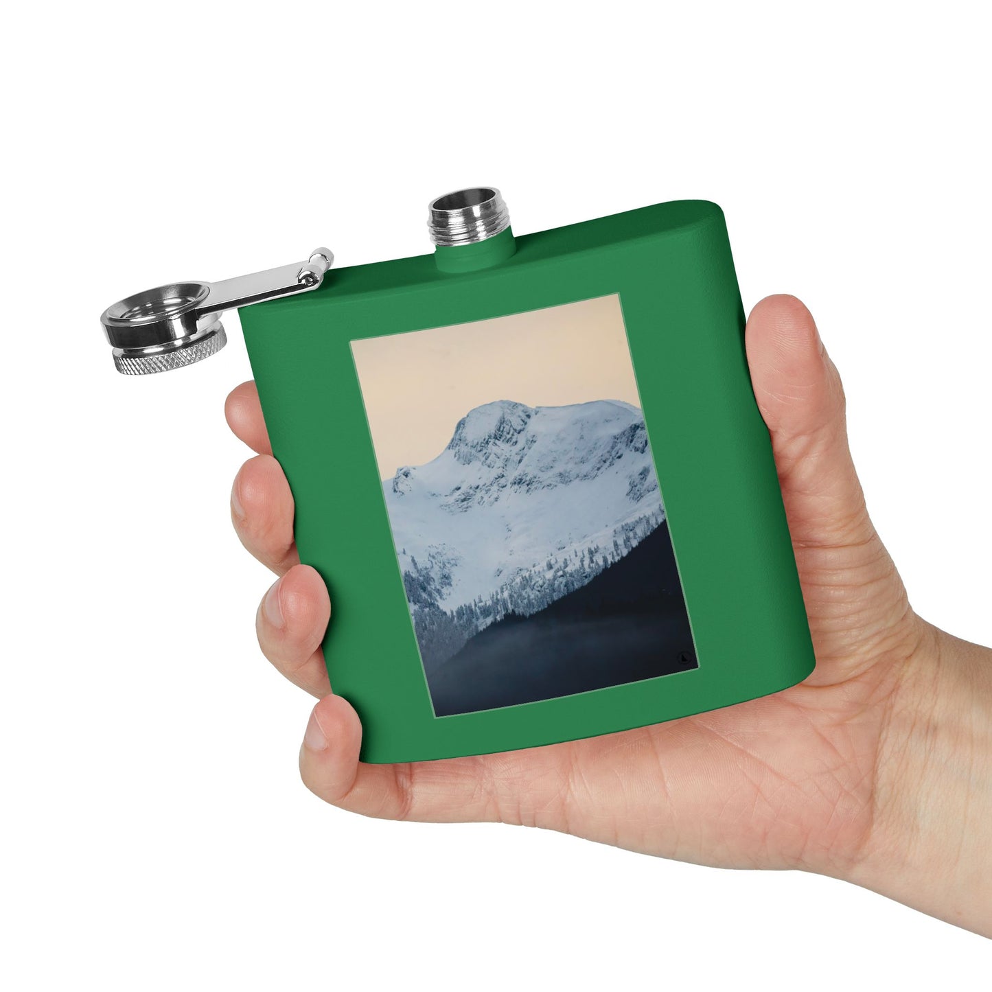 Mountain Peak 6oz Stainless Steel Flask — Snowy Summit Photo Design