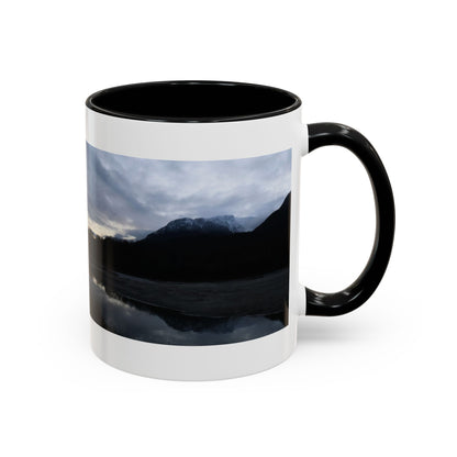 Scenic Mountain Lake Accent Coffee Mug — Moody Sunset Reflection (11oz & 15oz)