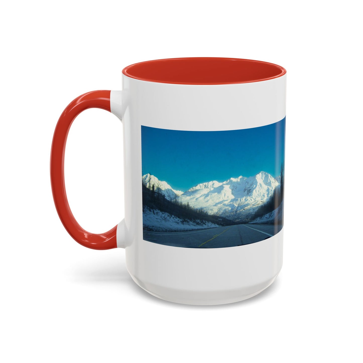 Scenic Mountain Panorama Accent Coffee Mug — Snowy Peaks Travel Coffee Cup (11/15 oz)