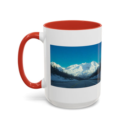 Scenic Mountain Panorama Accent Coffee Mug — Snowy Peaks Travel Coffee Cup (11/15 oz)
