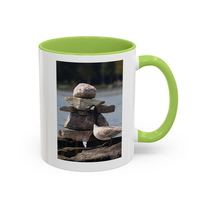 Seaside Rock Cairn Accent Coffee Mug — Coastal Bird & Stacked Stones Photo (11/15oz)