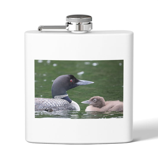 Loon & Chick 6oz Stainless Steel Flask — Nature Wildlife Photography Gift