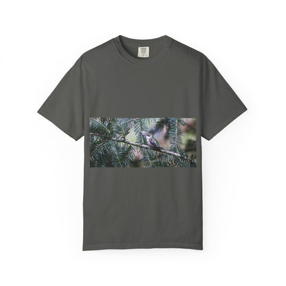 Emerald Wings: Hummingbird in Conifer Haven, Wildlife Macro Photographyphotography shirts