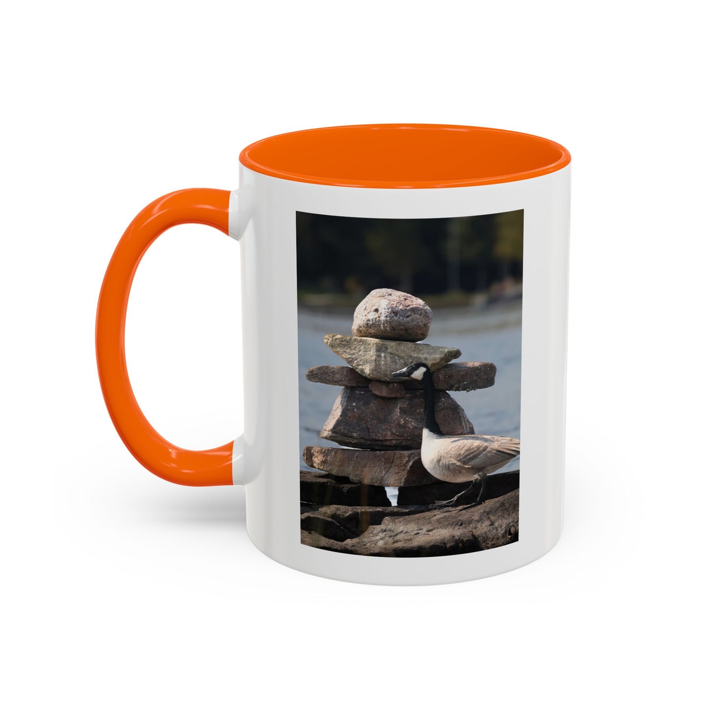 Seaside Rock Cairn Accent Coffee Mug — Coastal Bird & Stacked Stones Photo (11/15oz)