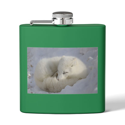 White Arctic Fox Flask — 6oz Stainless Steel Hip Flask with Sleeping Fox Photo