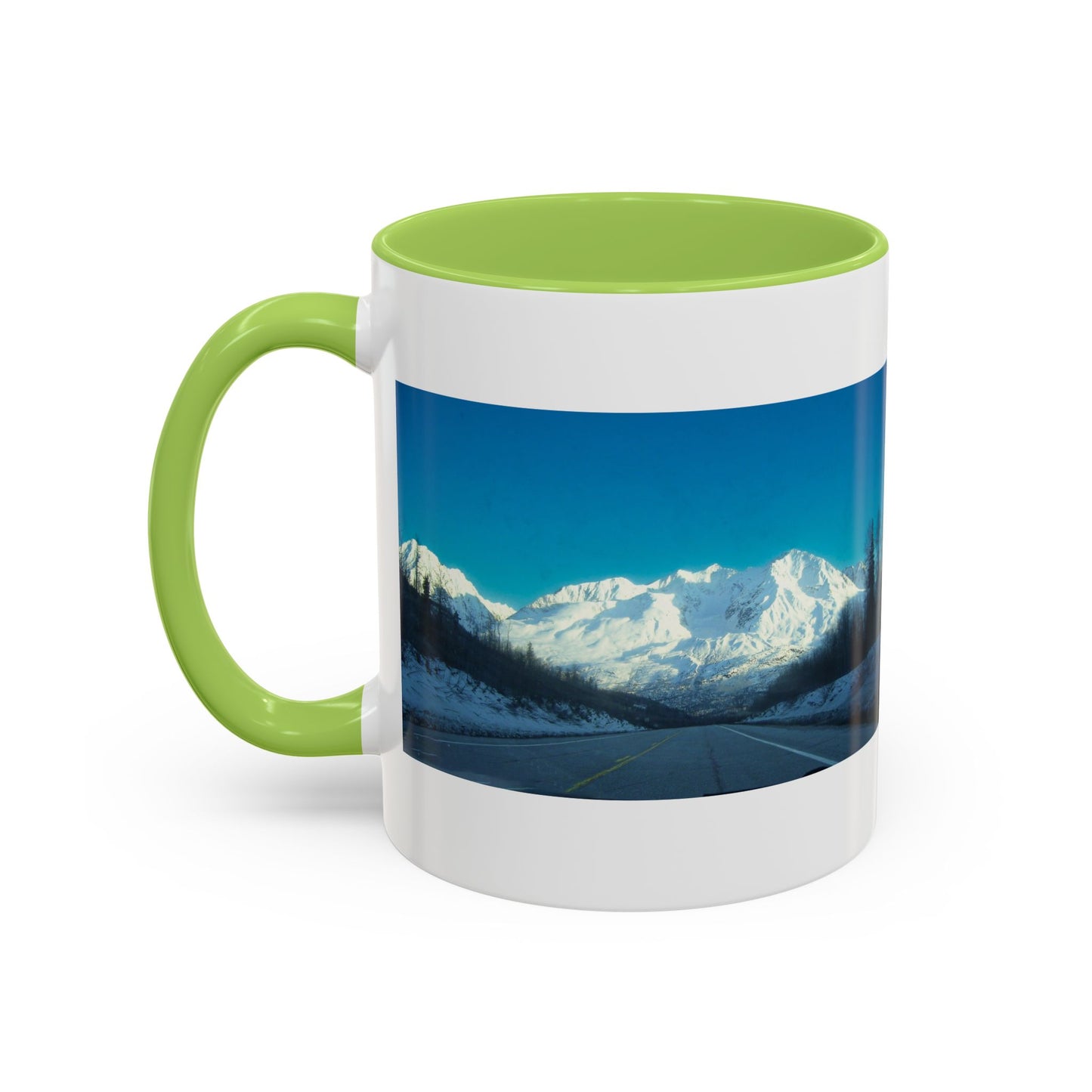 Scenic Mountain Panorama Accent Coffee Mug — Snowy Peaks Travel Coffee Cup (11/15 oz)