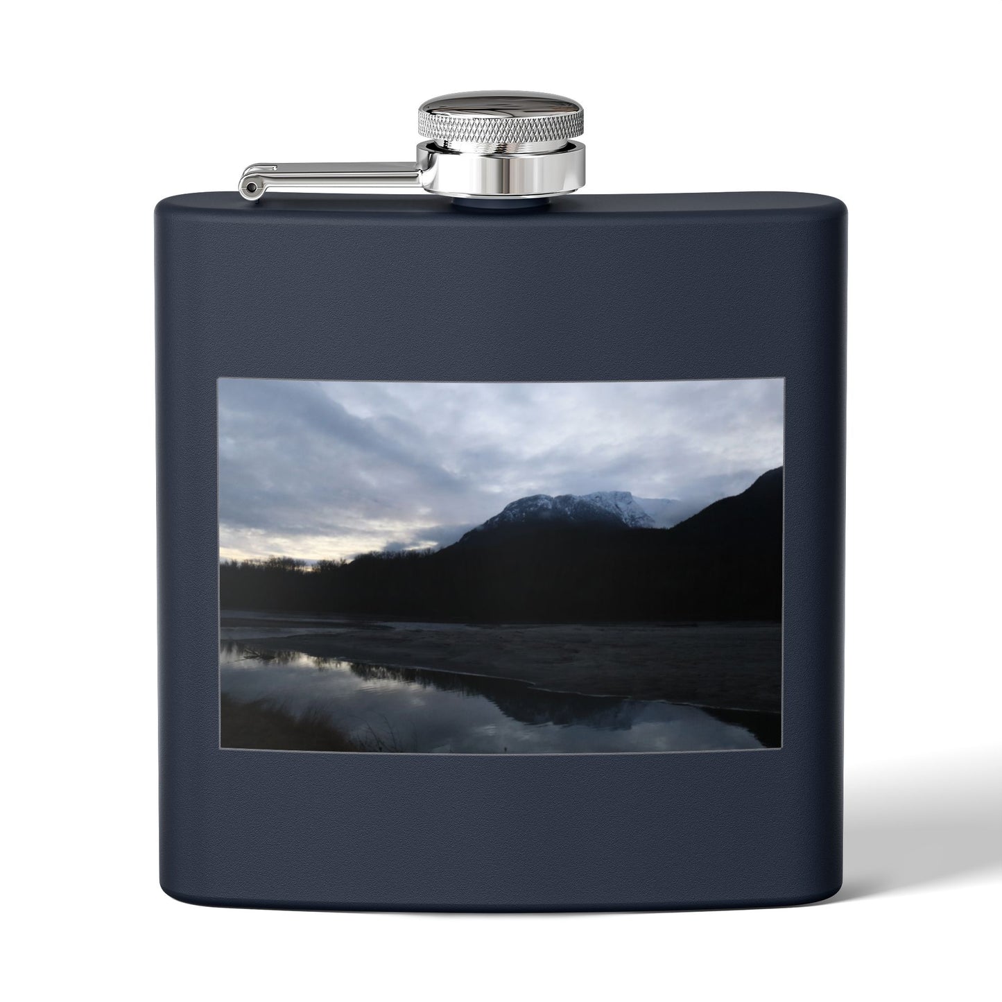 Mountain Lake Evening Stainless Steel Flask — 6oz Wilderness Hip Flask