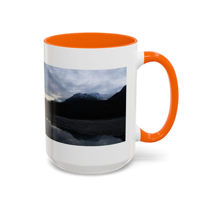 Scenic Mountain Lake Accent Coffee Mug — Moody Sunset Reflection (11oz & 15oz)