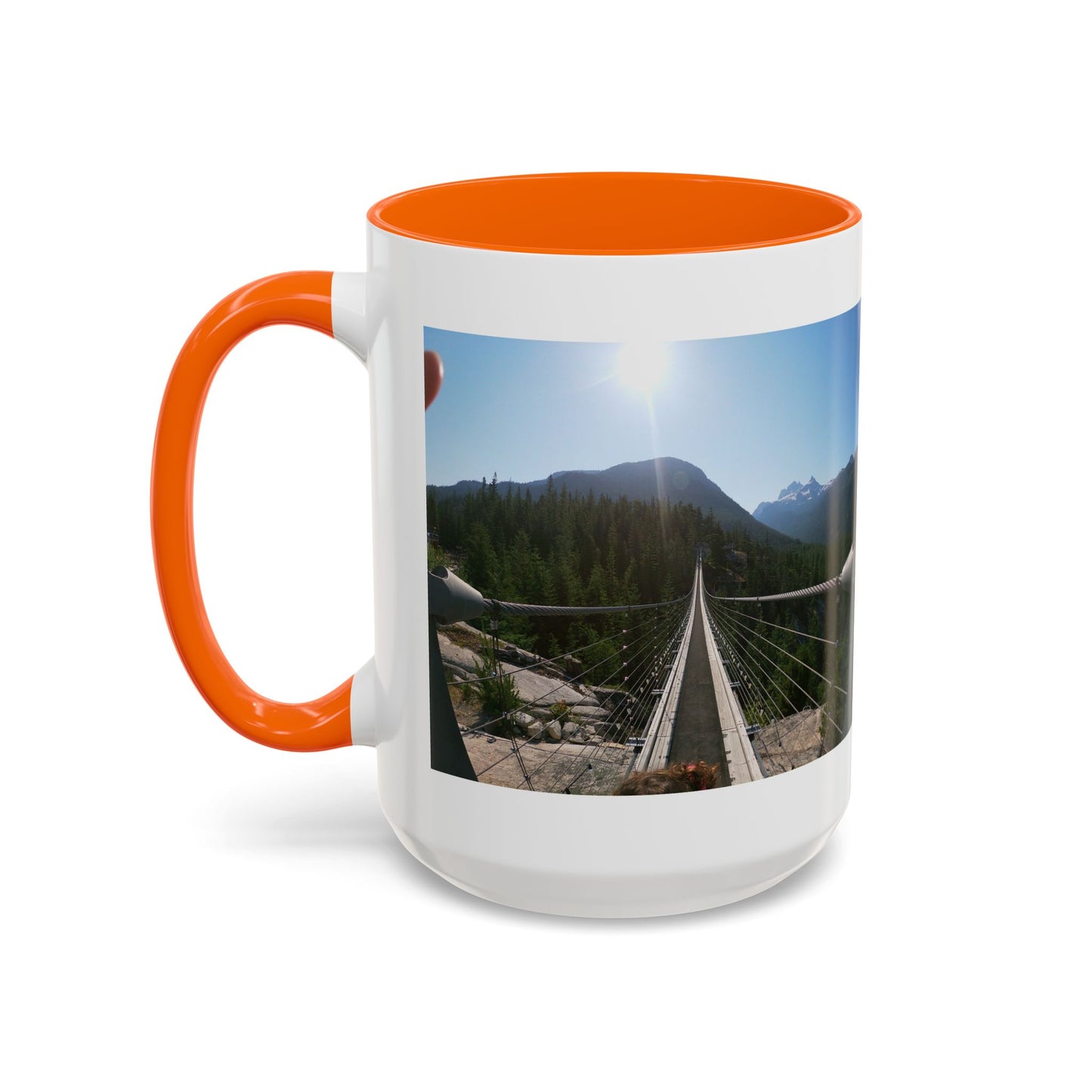 Bridge Trail Scenic Coffee Mug — Mountain Suspension Bridge Photo Accent Mug