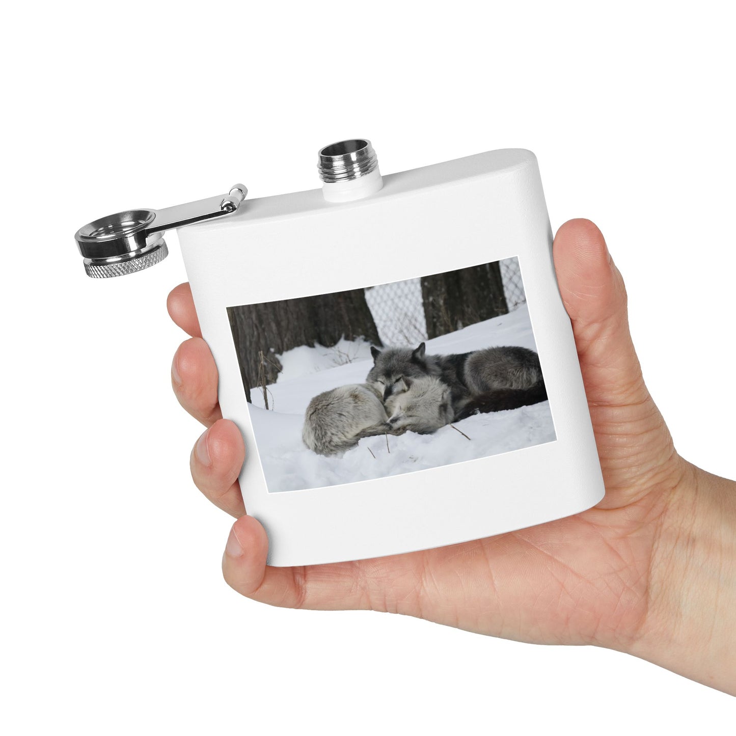 Wolf Pair Photo Stainless Steel Flask — 6oz Winter Wildlife Hip Flask