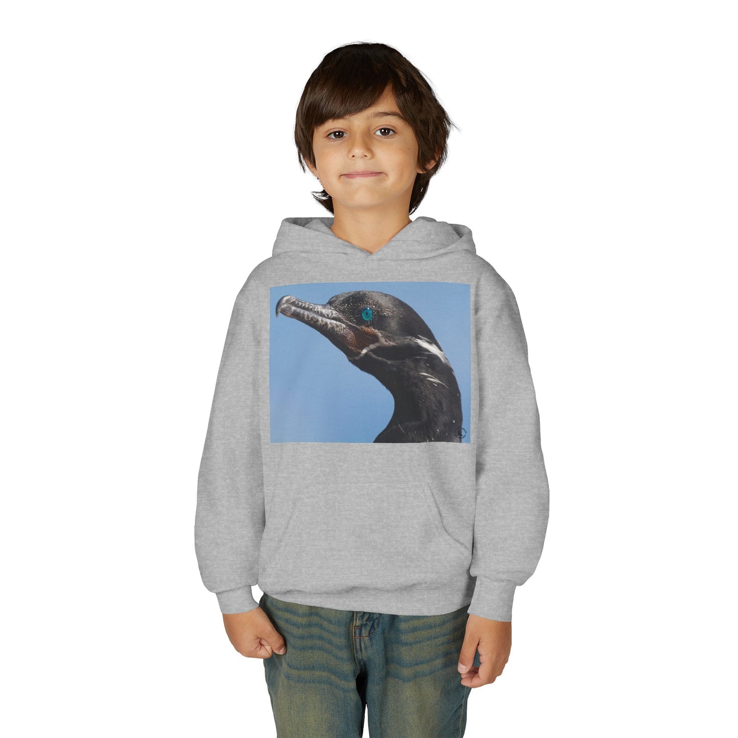 Youth Hoodie with Close-Up Cormorant Photo — Nature-Lover Kids Pullover