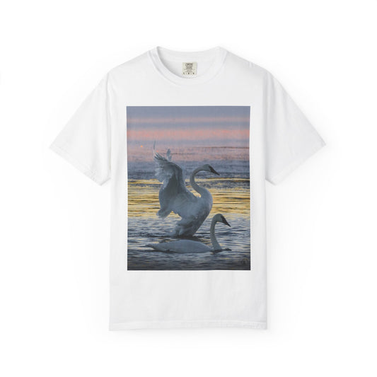 Dawn's Ethereal Dance: Trumpeter Swans in Silhouette, Wildlife Photography Landscapephotography shirts