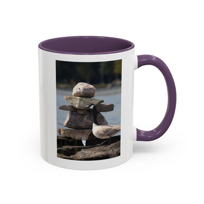 Seaside Rock Cairn Accent Coffee Mug — Coastal Bird & Stacked Stones Photo (11/15oz)