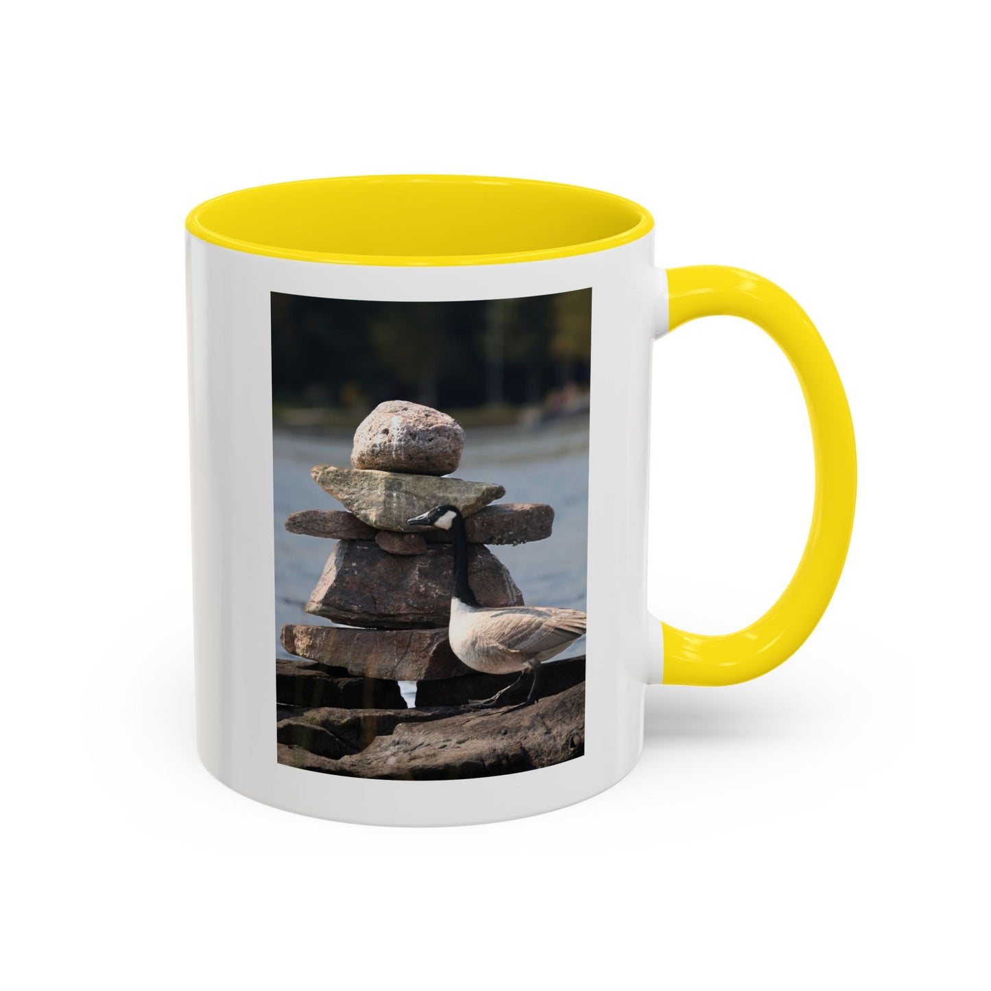 Seaside Rock Cairn Accent Coffee Mug — Coastal Bird & Stacked Stones Photo (11/15oz)