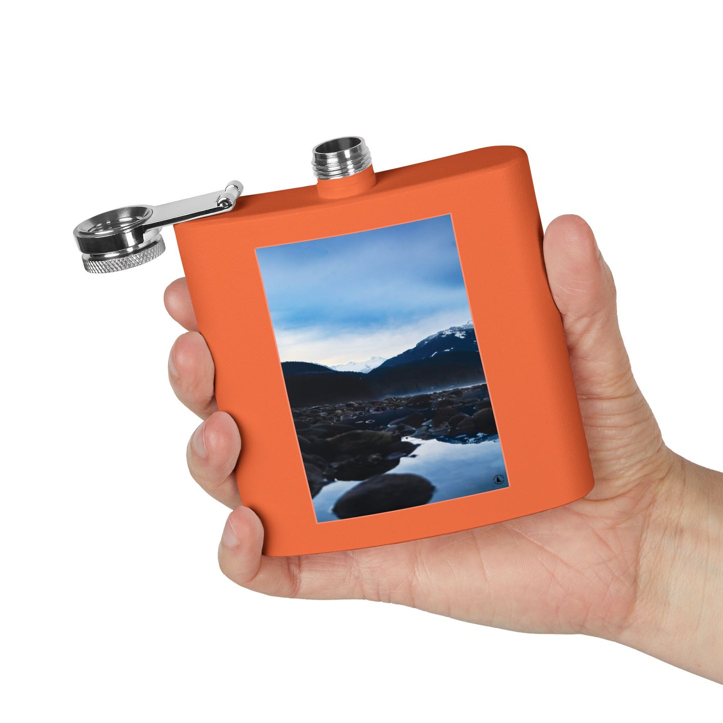 6oz Stainless Steel Flask — Mountain Lake Landscape Photo
