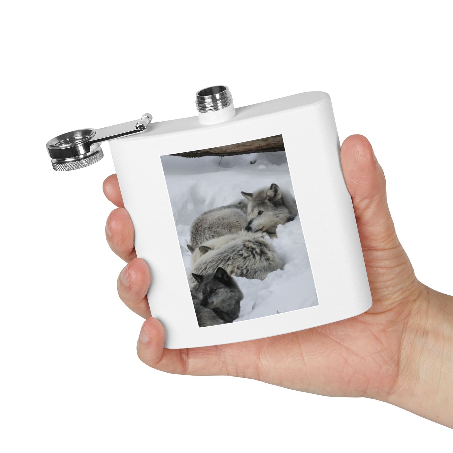 Wolf Pack Stainless Steel Flask – 6oz Snow Wolves Hip Flask
