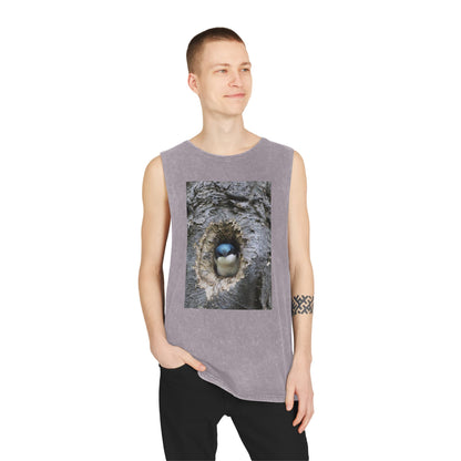 Bird Nest Photo Tank Top — Stonewash Sleeveless Tee with Chick in Hollow Tree