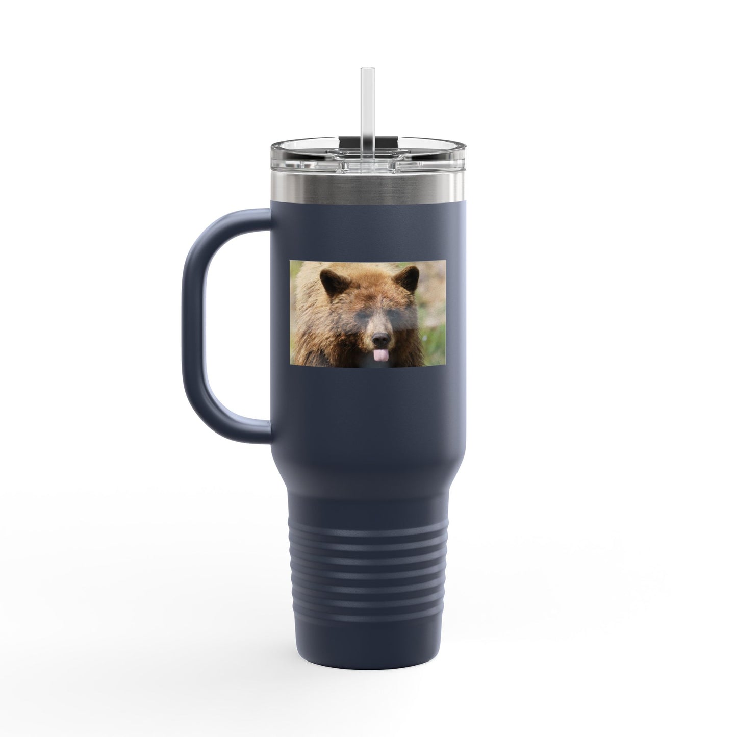 40oz Insulated Travel Mug — Photoreal Bear Photo, Stainless Steel Tumbler with Straw & Handle