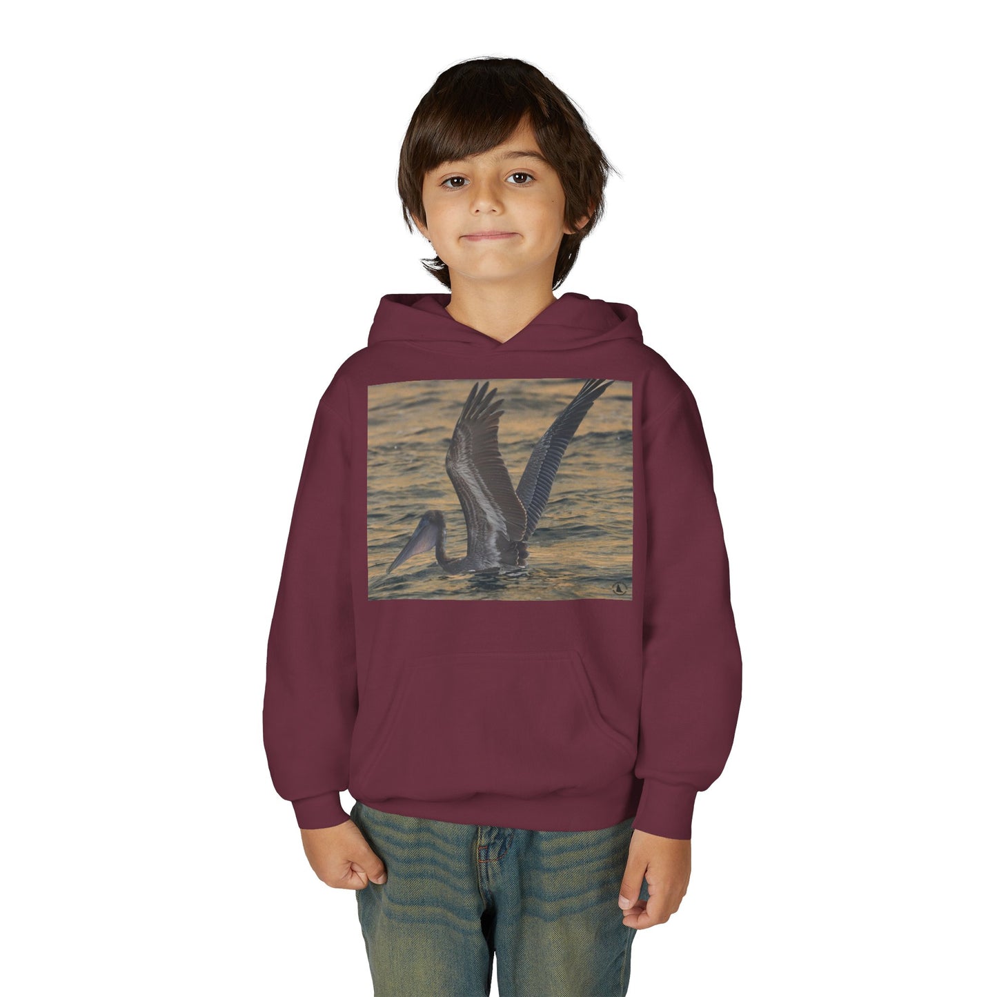 Youth Pelican Sunset Hoodie — Kids Beach Wildlife Pullover